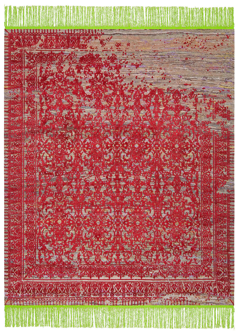 Tappeto Ferrara Radi Rocked Verde Rosso | Misura: 400 × 500 cm